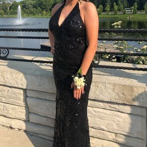 Black Halter Backless Sequin Long Prom Dress